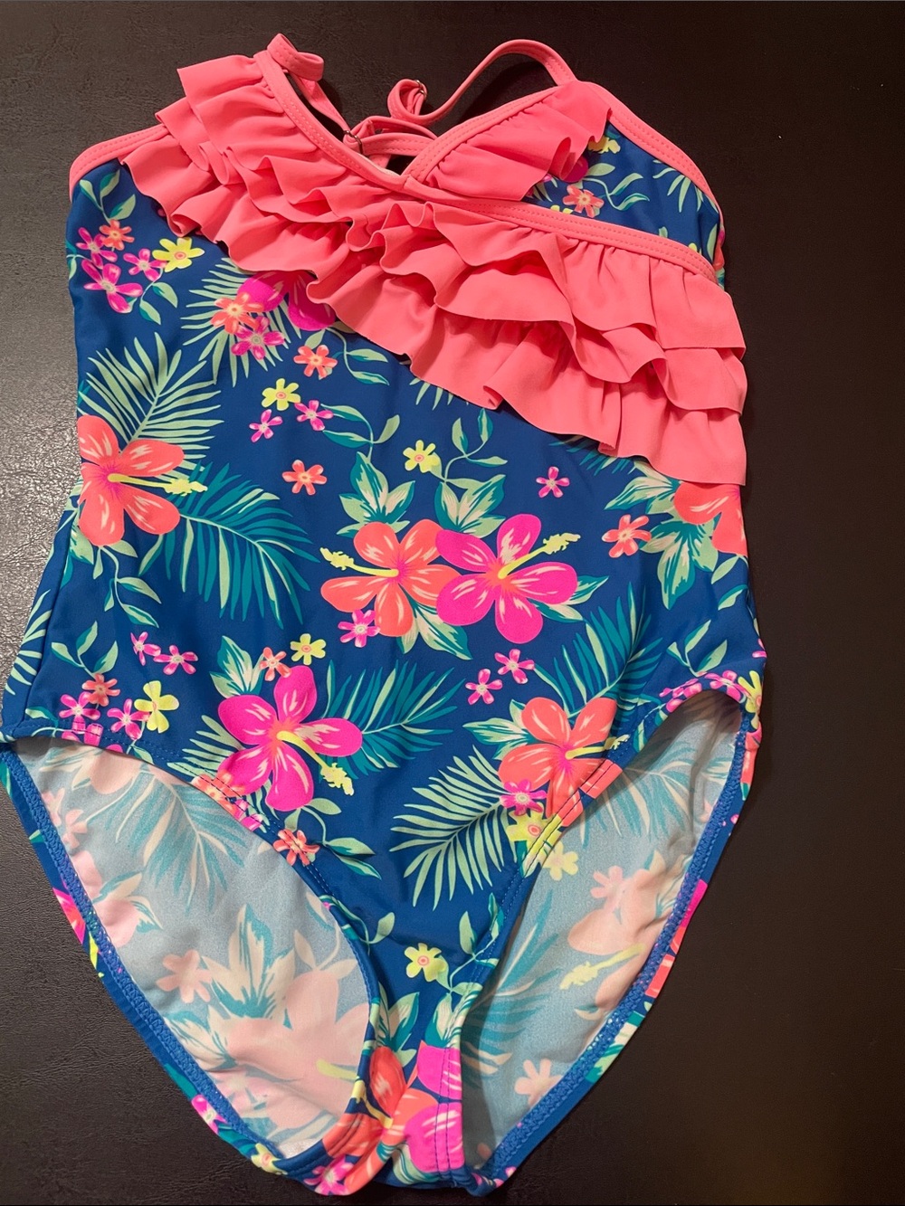 Girls'Tropical Floral One-Piece Swimsuit w Pink Ruffle Sz. 7/8 good condition